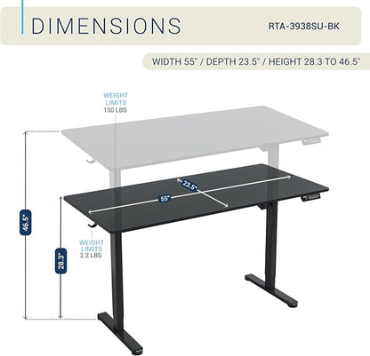 Techni Mobili 55” W Electric Standing Desk, Height Adjustable Sit-to-Stand Desk with 3 Memory Presets and Dual Accessory Hooks, Computer Workstation for Home or Office, Black