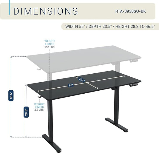 Techni Mobili 55” W Electric Standing Desk, Height Adjustable Sit-to-Stand Desk with 3 Memory Presets and Dual Accessory Hooks, Computer Workstation for Home or Office, Black