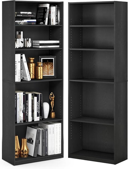 Furinno Jaya Book Shelf Set of 2, 5-Tier Bookshelf, Bookcase, with Adjustable Shelf, 9.5 x 24.5 x 71, for Home Office, Living Room, Black