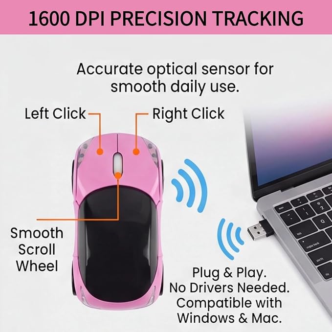 Pink Wireless Car Mouse, 2.4G Optical with USB Receiver, 1600DPI Mini Mouse, Compatible with Windows XP/Vista/7/ME/2000 & Mac OS, for PC/Laptop/Tablet, Women Girls Office