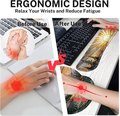 Britimes Mountain Gold Sun Keyboard Mouse Pad Set Nature Forest 4in1 Large Mousepad+Keyboard Wrist Rest+Mouse Wrist Rest+Coaster Ergonomic Design for Home Office Computer 35.4x15.7 inches