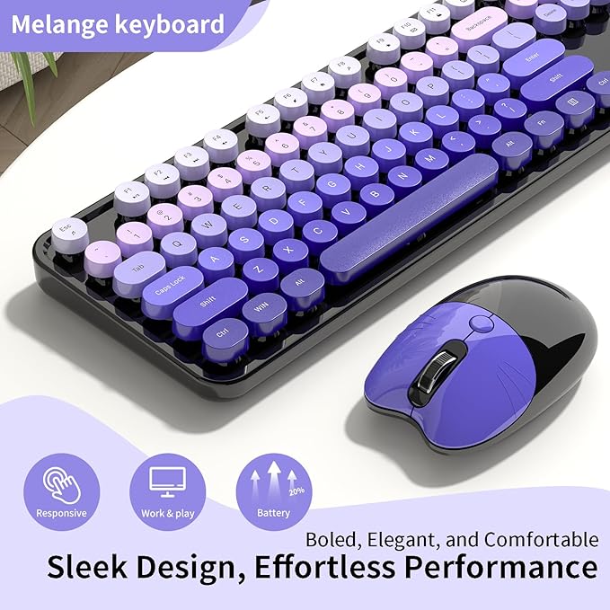 Wireless Keyboard and Mouse, 104 Round Keycaps Retro Typewriter with OTG & Brush, Full-Size Ergonomic, Ideal for Windows PC, Home, Office and College Purple Pink