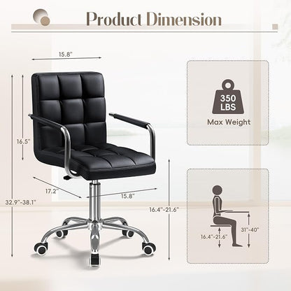 Furmax Vanity Office Chair with Wheels, Makeup PU Leather Executive Chair Modern Adjustable Home Desk Retro Comfortable Work Chair 360 Degree Swivel with Arms (Black)