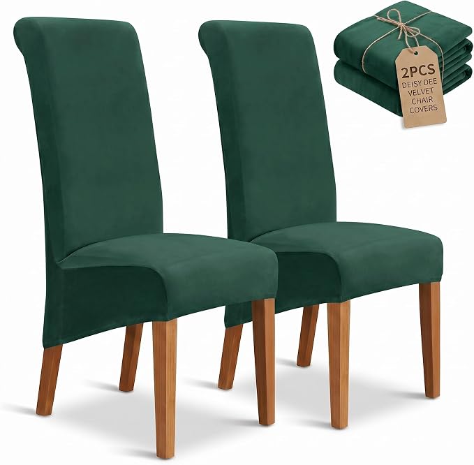 Deisy Dee Stretch XL/Oversized Extra Large Velvet Dining Room Chair Covers for Kitchen Dining，Removable Washable Chair Protectors Slipcovers (Kelly, 2)