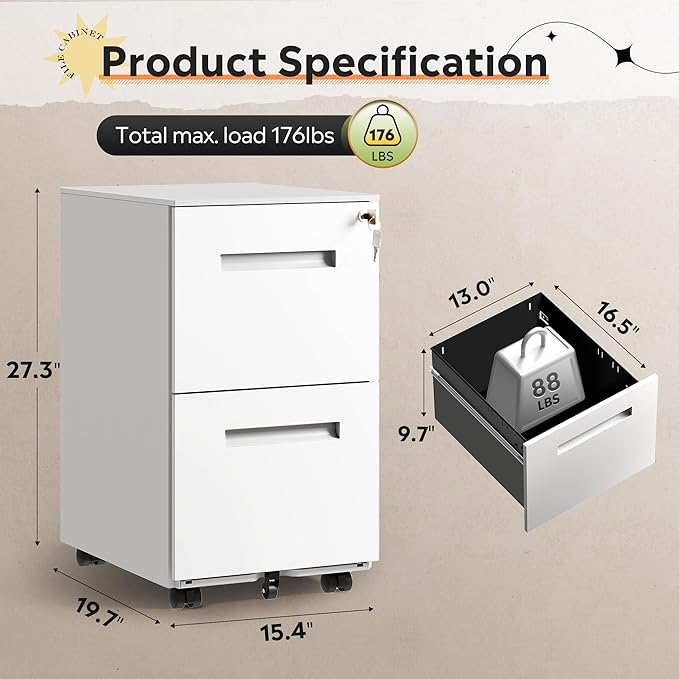 DEVAISE 2-Drawer Metal File Cabinet with Lock, Mobile Filing Cabinet Under Desk for Home Office, Fully Assembled Printer Stand fits F4/A4/Letter/Legal Size, White, 20" D x 15" W x 27" H