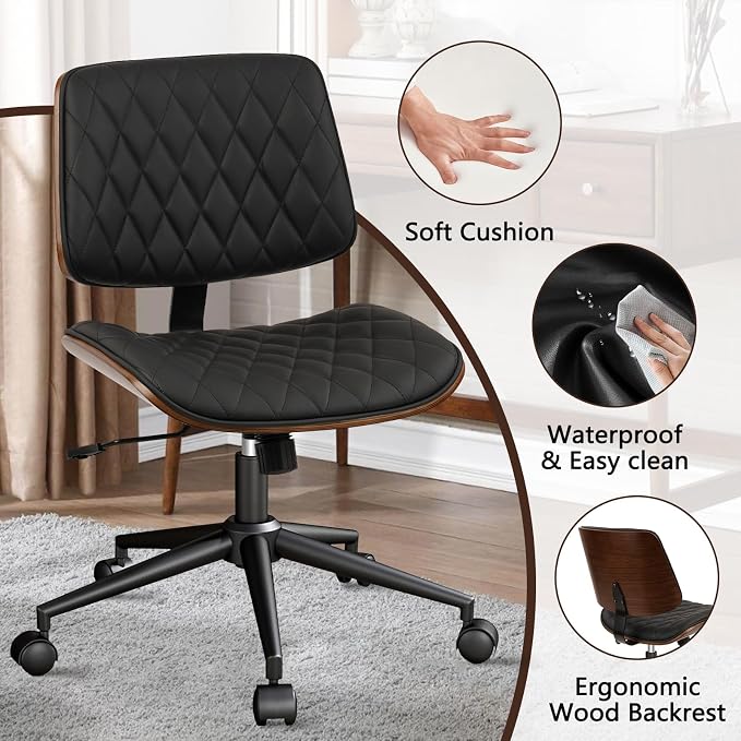 CLATINA Home Office Desk Chair with Wheels, Adjustable Height Armless Office Chair, PU Leather Mid Back 360 Swivel Computer Chair, Modern Walnut Chair for Home, Meeting, Reading Room,Black(1 pk)