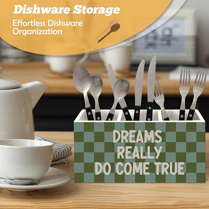 Inspirational Pen Holder Organizer for Desk Accessories, Motivational Gifts for Women, Dreams Really Do Come True Retro Green Checkered Wooden Box Sign Desk Decorations for Home Office Decor