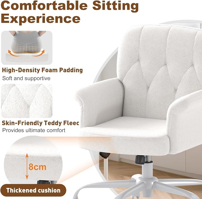 Comfy Home Office Desk Chair, Upholstered Fuzzy Vanity Chair with Wheels and Arms, Modern Adjustable Swivel Computer Seat for Make Up, Home Office, Living Room, Bedroom, Teddy Fleece, White