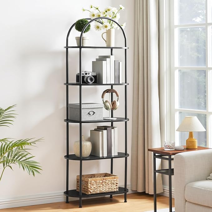 HOOBRO 5 Tier Open Bookshelf, Industrial Arched Bookcase Display Shelf Rack, Wooden Bookcase Storage Shelf Metal Frame, Tall Storage Organizer for Home, Easy Assembly, Black BB176SJ01