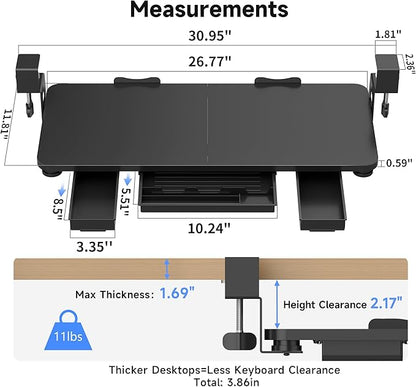 XINLEI Keyboard Tray Under Desk with Storage Drawer Large C-Clamp 26.7”(31” Including Clamps) x 11.8” Slide-Out Platform Computer Drawer Pull Out Keyboard & Mouse Tray DSF7CT