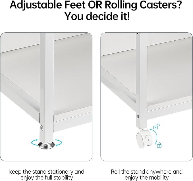 Fannova 4 Tier White Printer Stand Table with Adjustable Shelves, Movable Printer Shredder Stand with Wheels for Home Office Storage and Organization, Rolling Cart for Computer Tower CPU