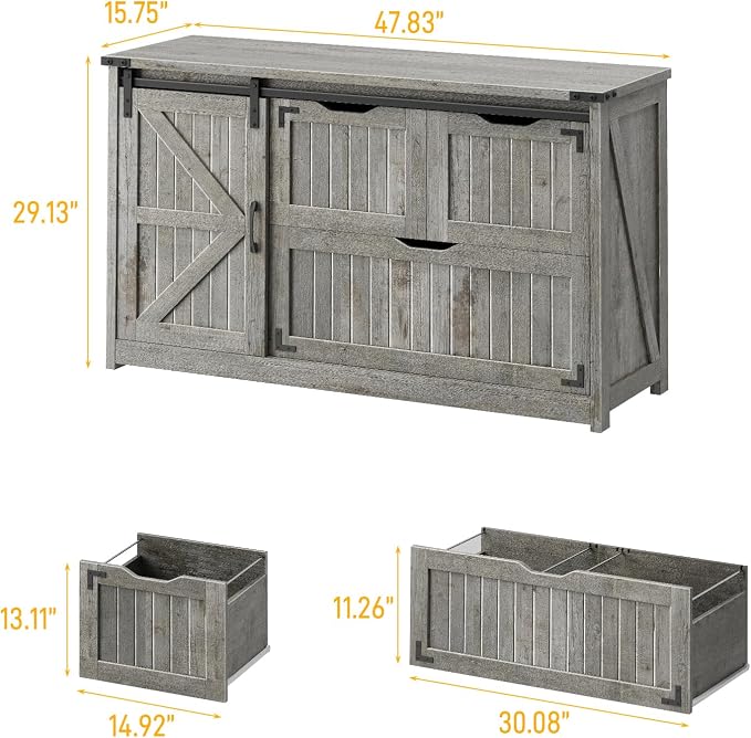 Halitaa 47.8” Farmhouse Lateral File Cabinet with Sliding Barn Door, 3 Drawers Filing Storage Cabinets with Adjustable Shelf, Office Printer Stand for Hanging Files Letter/Legal/A4/F4.Grey