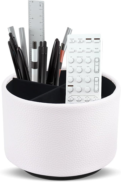 Round Leather Art Supply Organizer,Remote Control Holder,360 Degree Spinning,Multi-Functional Pencil Holder,4 Compartments Desktop Stationary Organizer(1-Lichee White)