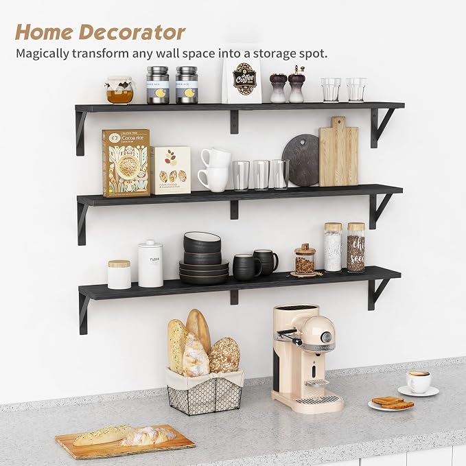 Forbena Floating Shelves 36 Inches Long 8 in Deep Set of 3, Large Wall Shelf for Bedroom Books, Heavy Duty Wide Wall Shelving for Living Room Office Kitchen Closet Organizers and Storage (Black)