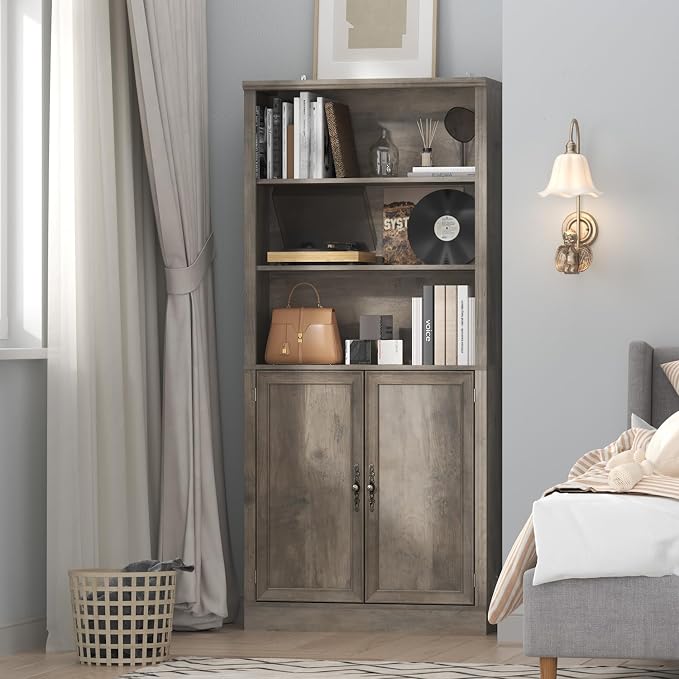 Thacuok 72'' Tall Bookcase with Doors, Adjustable Shelves, P2 MDF Construction, 32'' Wide Freestanding Cabinet with Metal Handles, Hidden Storage for Living Room, Bedroom