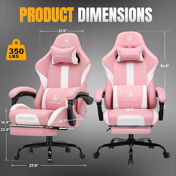 GTPLAYER Gaming Chair with Pocket Spring Cushion, Leather Office Chair with Ergonomic High Back & Lumbar Support for Back Pain Relief, Computer Game Chair for Adults, Pink
