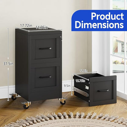 Small Metal 2-Drawer File Cabinet, Under Desk Office Cabinet, Black | Rolling, Locking, Adjustable Hanging Rail, Fit A4, FC, Letter, Hanging File Folders for Home Office Storage Organization, 1PS