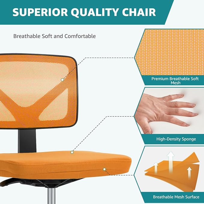 OLIXIS Ergonomic Armless Office Desk Chair with Wheels, Mesh Back, Removable Washable Foam Cushion, Height Adjustable Rolling Swivel Chairs for Small Space, Home, Office, Dark Orange