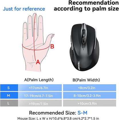 TECKNET Wireless Mouse (2.4G & BT5.0/3.0) Silent 4800 DPI Computer USB A & Bluetooth Mouse 6 Buttons, Wide Compatibility - Black