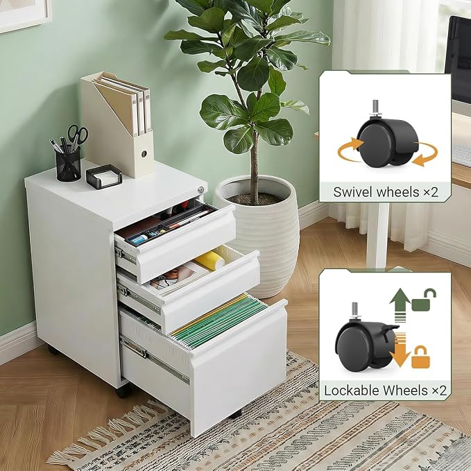 3 Drawer Metal File Cabinet with Lock, Fully Assembled Mobile Filing Cabinet on Wheels, Under Desk Office Storage Organizer for Letter/Legal/A4 Files, White