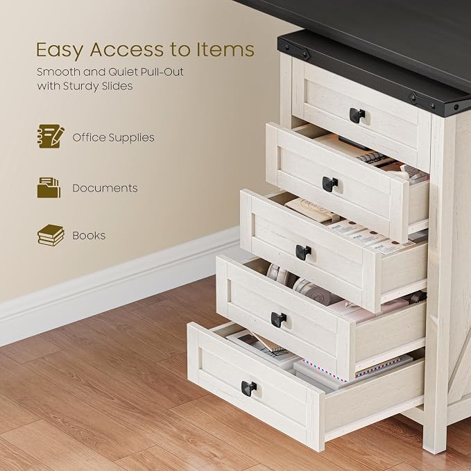 Halitaa 5 Drawer Storage Cabinet, Office Storage Cabinet with 5 Drawers, Small Farmhouse Printer Stand for Home Office, Rustic White and Black