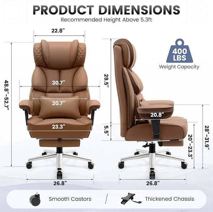 BestGlory Office Desk Chair, Big and Tall Leather Gaming Chair with Footrest, Ergonomic Comfy Executive High-Back Reclining Computer Chairs, Wide Swivel Rolling Wheels and Padded Lumbar Support,