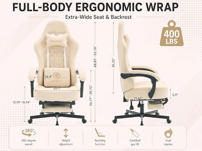Office Desk Computer Gaming Chair for Adults, Ergonomic High Back Gamer Chair with Massage and Pocket Spring Cushion, Swivel Comfy Video Game Chairs with Footrest and Lumbar Support (Pro Beige)