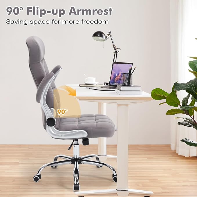 High Back Fabric Office Chair, Comfy Velvet Executive Desk Chair with Flip-Up Arms, Ergonomic Office Desk Chair with Lumbar Support, Upholstered Home Computer Chair with Wheels (Grey)