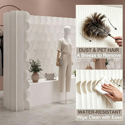 3D Scallop Textured Room Divider, Freestanding Privacy Screen, Modern Accordion Folding Kraft Paper Partition, No Drill, Portable Room Separator for Home, Office, Studio & Salon, White