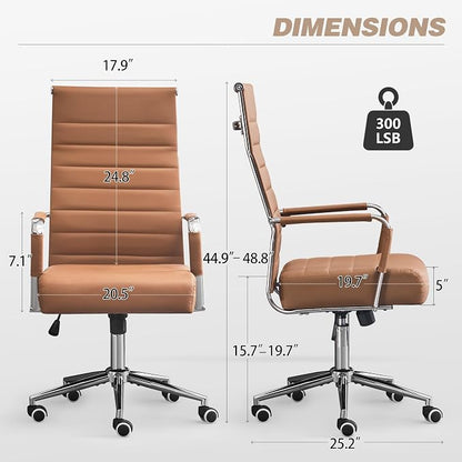 Office Desk Chair,Conference Room Chairs with Wheels and Arms, Modern PU Leather Ergonomic High Back Executive Ribbed Height Adjustable Swivel Chair for Home Office (Brown)