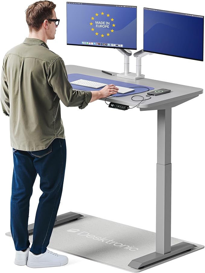Desktronic HomeOne Standing Desk 48x24 — Ergonomic Sit Stand Home Office Desk, Made in Europe, Electric Dual Motor Height Adjustable, USB & USB-C Charging, Wobble-Free, Touchscreen, 3 Memory Presets