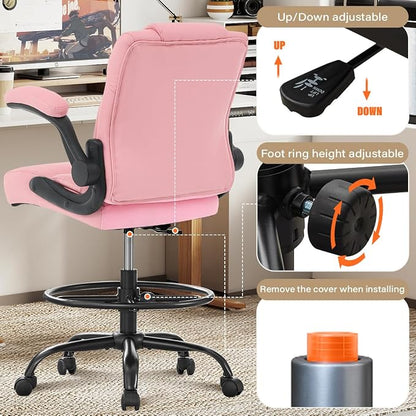 Ergonomic Drafting Chair,Tall Office Chair for Standing Desk with Flip-Up Armrests,Adjustable Foot Ring & Height, High Leather Executive Office Chair for Home,Drawing or Counter Height Use