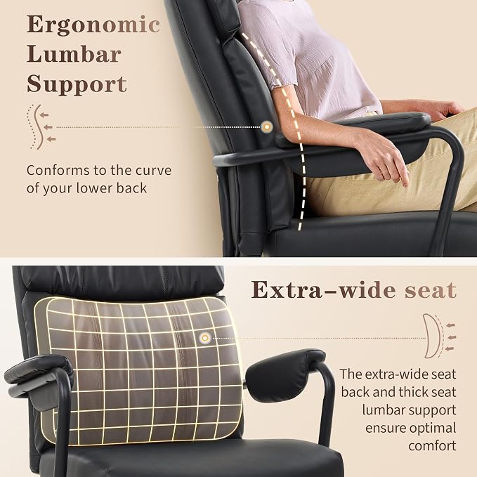 IWMH Home Office Desk Chair, Comfy Ergonomic Mid Century Modern Faux Leather Fabric Office Chair with Lumbar Support, Adjustable Height High-Back Swivel Computer Chairs, (Black)