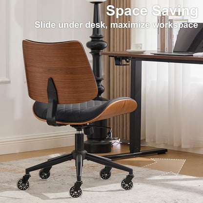 Armless Office Chair with Wheels, Ergonomic Leather Chair, Mid Back 360 Swivel Computer Chair, Modern Walnut Desk Chair for Small Space, Reading, Meeting Room, Black