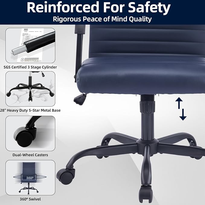 Office Chair, Ergonomic Executive Conference Room Chairs, Ribbed Leather Desk Chair with Lumbar Support, Adjustable Height Mid-Back Swivel Chair with Padded Seat and Square Tube Armrests