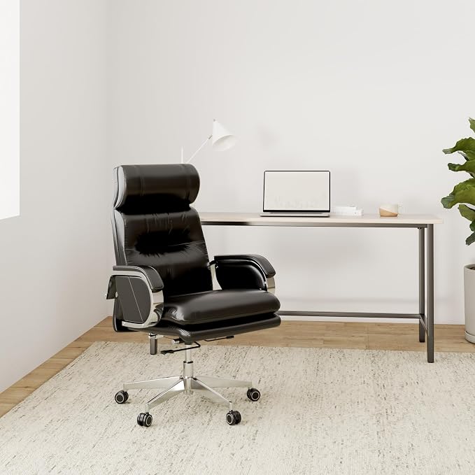 Genuine Leather Modern Executive Chair High-Back Support 90 to 150 Degrees Tilt and Upholstered Home Desk Chair with Base 360LB Capacity Swivel Computer Office Chair (Black)
