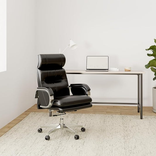 Genuine Leather Modern Executive Chair High-Back Support 90 to 150 Degrees Tilt and Upholstered Home Desk Chair with Base 360LB Capacity Swivel Computer Office Chair (Black)