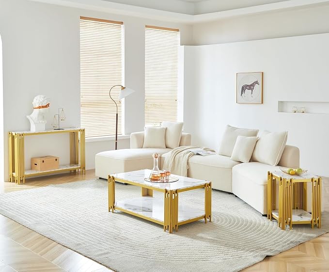 White Marble Coffee Table Set of 4, Faux Marble Coffee Tables, White Gold Console Table and 2 End Tables with Chrome Metal I-Base, Luxury 4 Piece Living Room Table Set for Home Office
