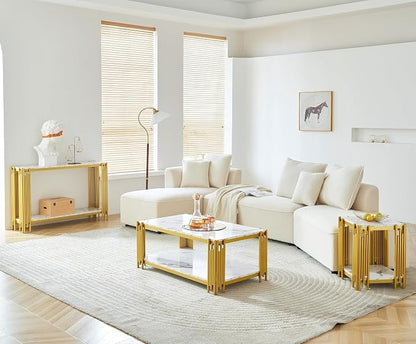 White Marble Coffee Table Set of 3, Faux Marble Coffee Tables, Console Table and End Tables with Gold Chrome Metal I-Base, Luxury Marble 3 Piece Living Room Table Set for Bedroom Home Office