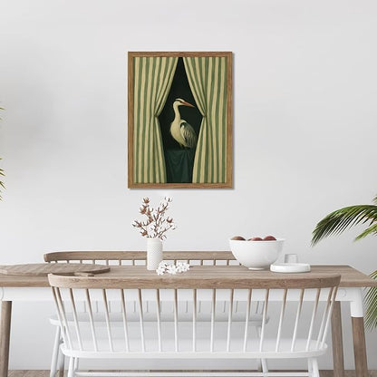 Framed Bird Wall Art, Elegant Heron Canvas Print, Vintage Coastal Bird Wall Decor, Abstract Heron Painting, Striped Curtain Picture Poster Artwork for Living Room Bedroom 12x16 inch