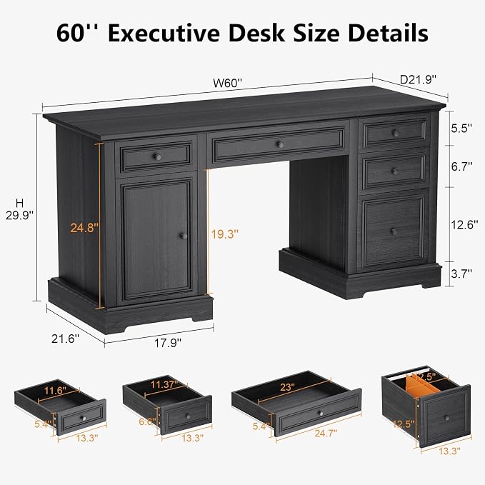 Vipbear 60" Farmhouse Executive Desk with Drawers and Cabinet, Embossed Texture Wood Home Office Desk, Rustic Computer Writing Desk, Workspace for Work Study Writing, Black