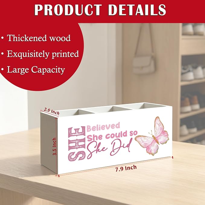 She Believed She Could So She Did Pen Pencil Holder Organizer for Desk, Inspirational Gifts for Women Friends, Graduation Gifts for Women Her, Pink Butterfly Wood Signs Desk Accessories