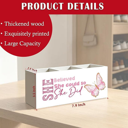 She Believed She Could So She Did Pen Pencil Holder Organizer for Desk, Inspirational Gifts for Women Friends, Graduation Gifts for Women Her, Pink Butterfly Wood Signs Desk Accessories