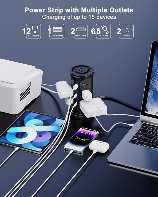 Tower Surge Protector Power Strip Flat Plug with 12 AC Outlets 3 USB Ports(2 Type C), 6.5 FT Ultra Flat Extension Cord with Multiple Outlets, Outlet Extender with Screw Wall Mount for Home Office Dorm