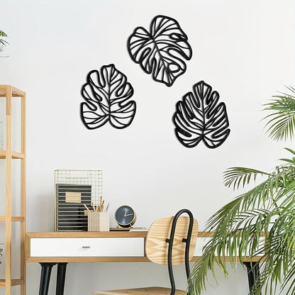 Palm Leaves Wood Wall Decor , 3Pcs Tropical Wall Art Jungle Decor, Wooden Natural Leaves Plant Wall Decor, Vintage Tropical Plant Plaque for Home Living Room Kitchen Bedroom Bathroom & Garden, Black