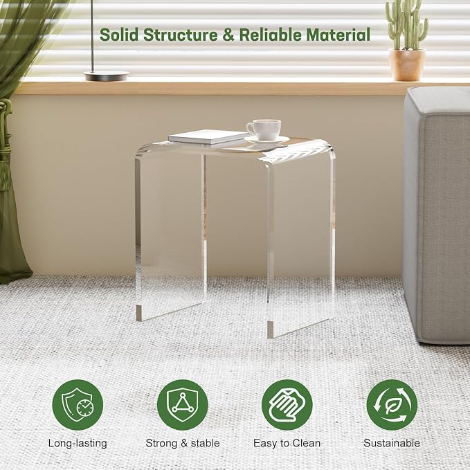 Acrylic Side Table, 18" H x 16" W x 12" D x 3/5'' Thick Clear Small End Table, Transparent Nightstand and Stool for Home Office, Living Room and Bedroom