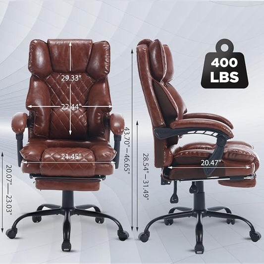 Reclining Ergonomic Executive Office Chair With Footrest, 400lbs Big Tall Recliner Desk Chairs with Lumbar Support, Heavy Duty High Back Vintage Leather Home Computer Chair with Wheels, Brown