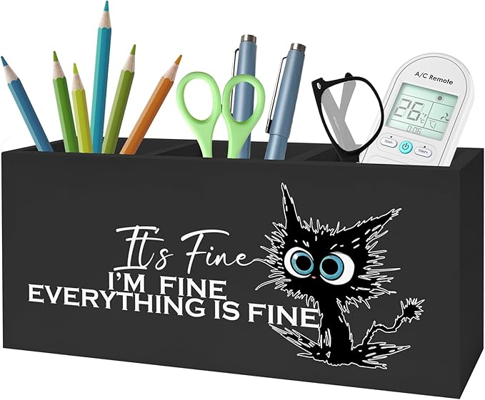 Funny Cute Black Cat Pencil Pen Holder for Desk, I'm Fine Everything Is Fine Wooden Pencil Holder Organizer for Home Office Desk Accessories, Funny Office Gifts for Coworkers, funny cat gifts