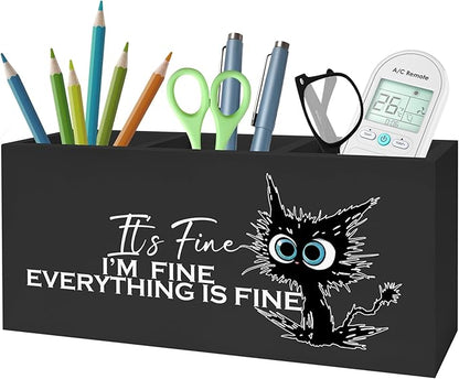 Funny Cute Black Cat Pencil Pen Holder for Desk, I'm Fine Everything Is Fine Wooden Pencil Holder Organizer for Home Office Desk Accessories, Funny Office Gifts for Coworkers, funny cat gifts