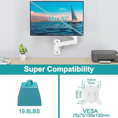 MOUNT PRO Single Monitor Wall Mount for 13 to 32 Inch Computer Screens, Height Adjustable Wall Mount Monitor Arm Holds Up to 19.8lbs, Full Motion Wall Bracket, VESA Mount 75x75, 100x100, White